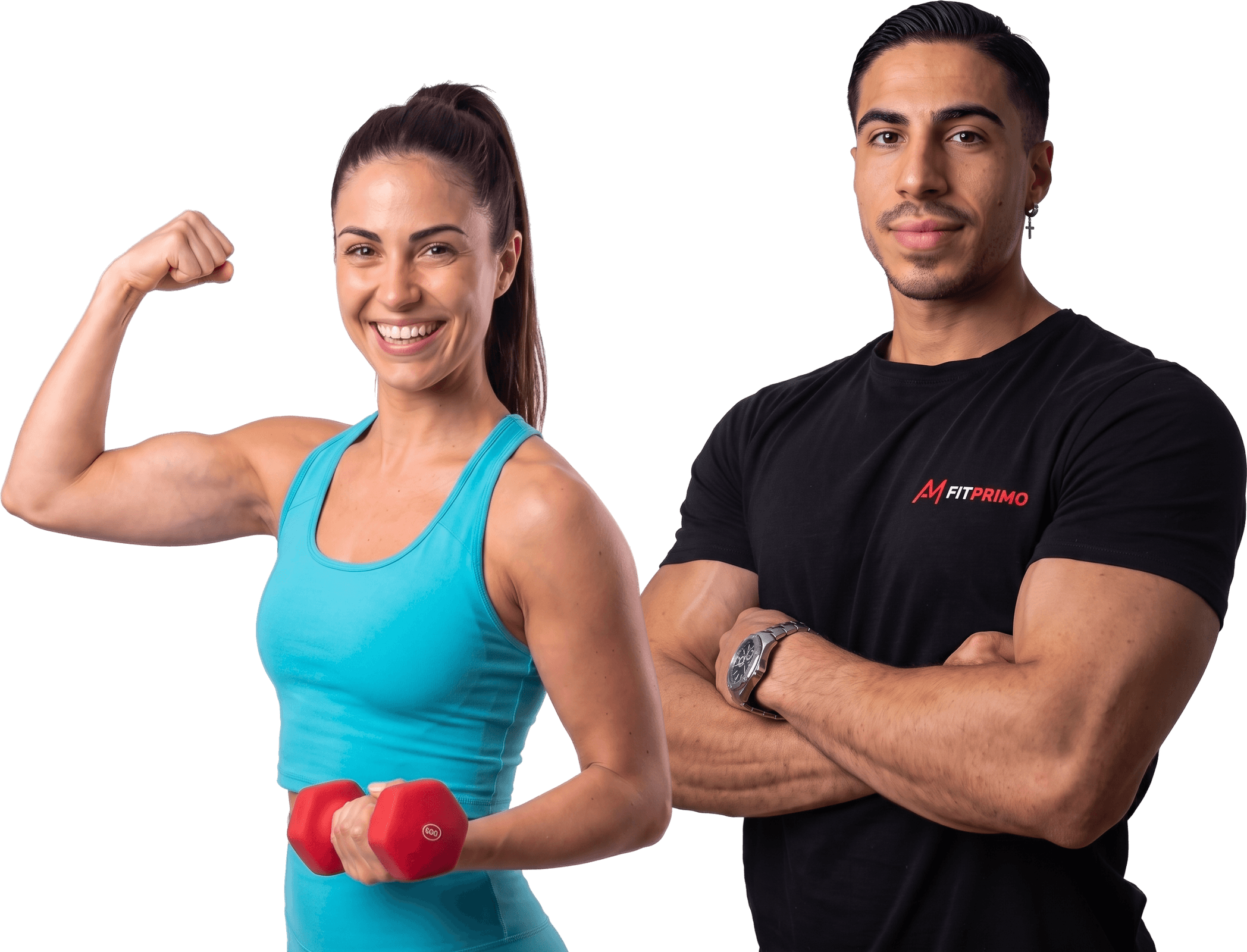 Personal Trainer Angelo Magliarisi von FitPrimo mit einer Frau, die stolz ihren Bizeps zeigt